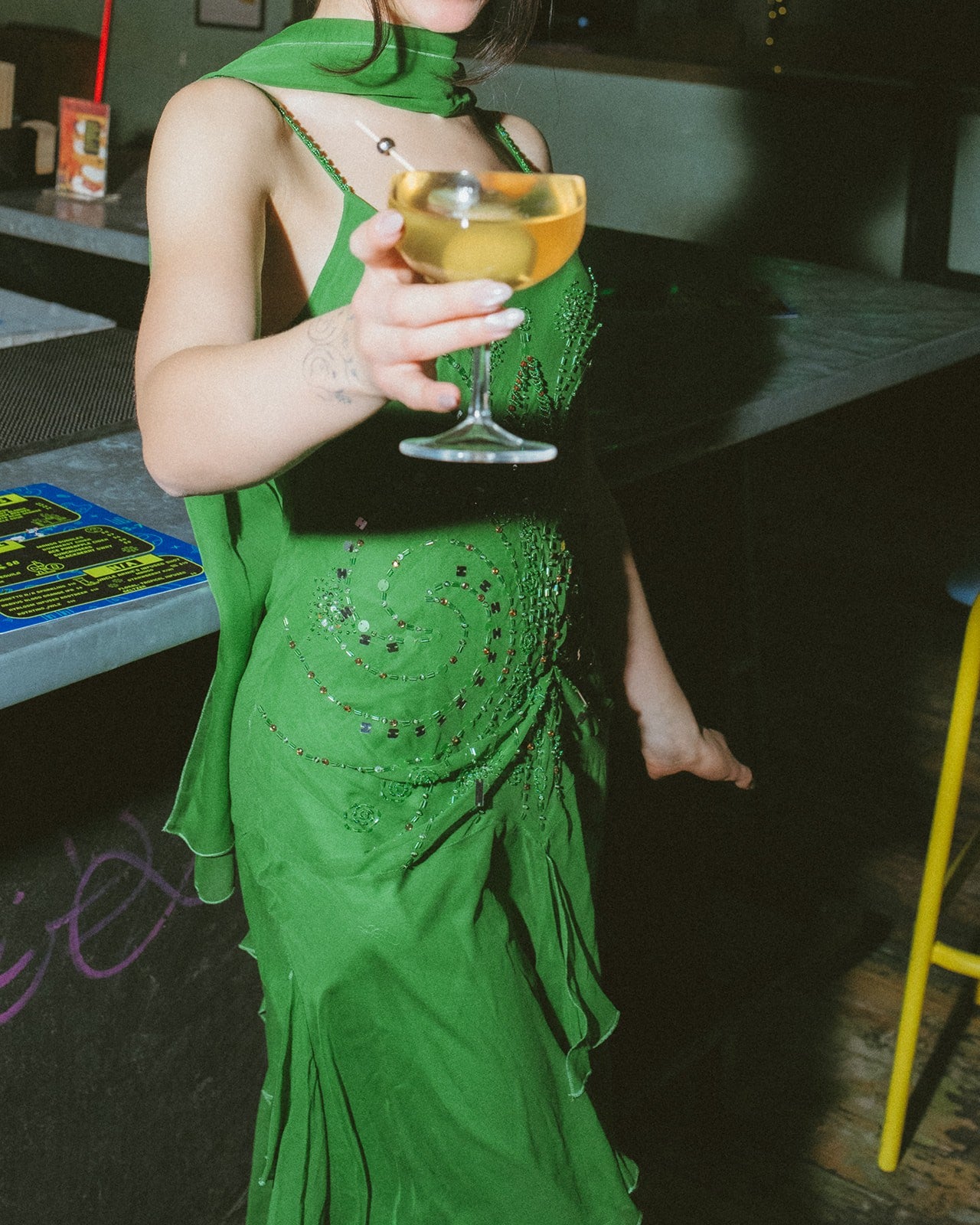 Green Fairy Silk Beaded Dress W/Scarf